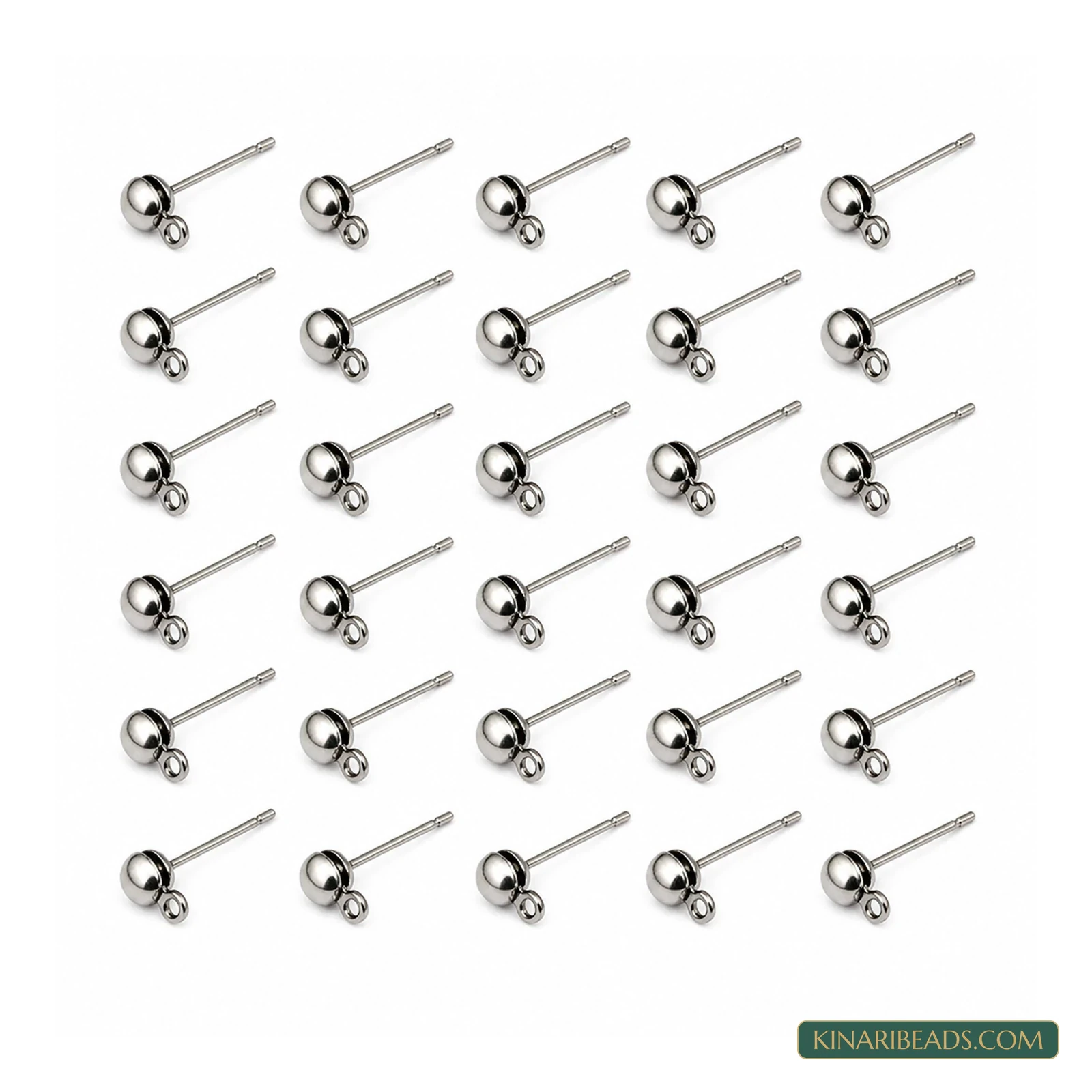 Silver Half-Ball Earring Posts with Loop – 4mm, 40 Pack