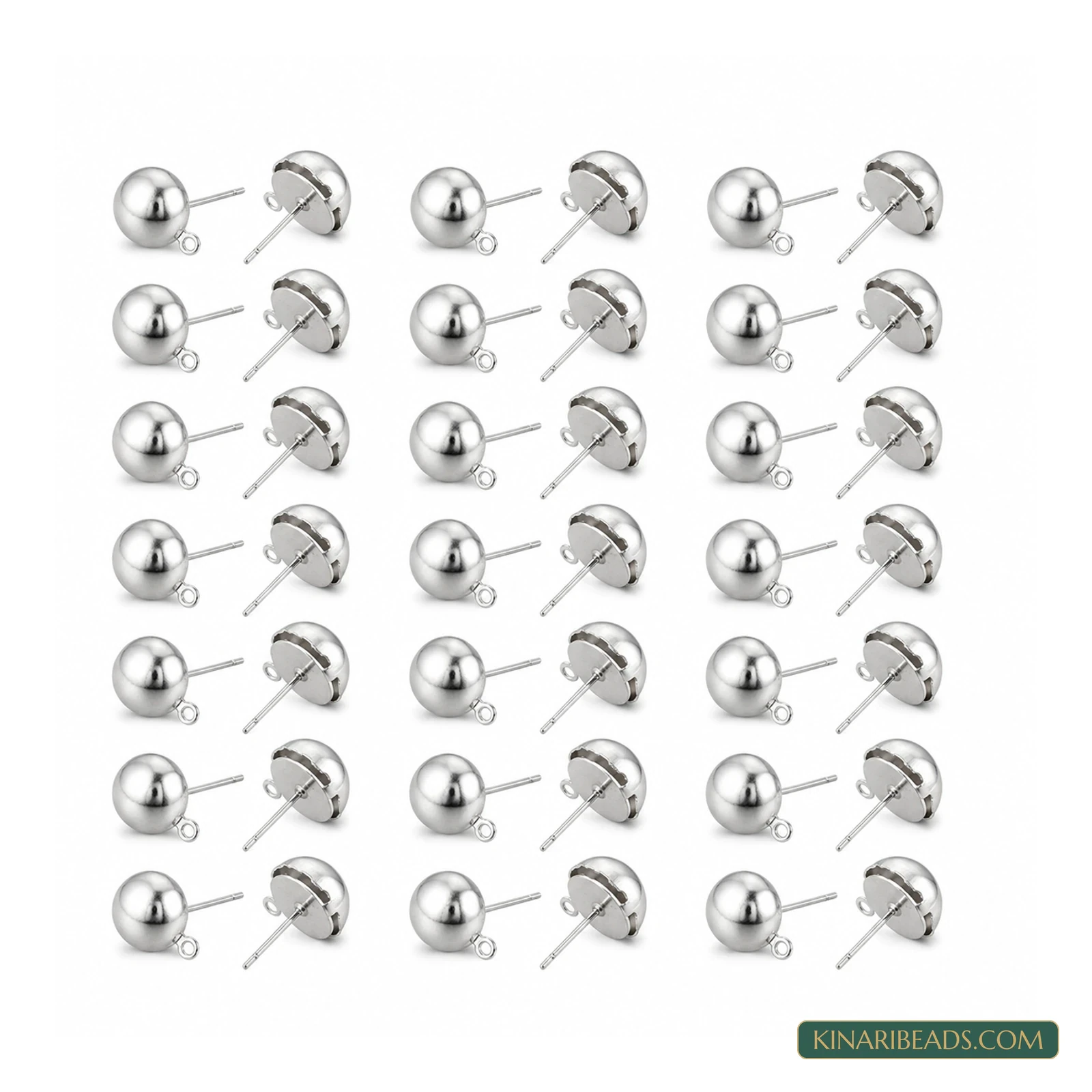 Silver Half-Ball Earring Posts with Loop – 8mm, 20 Pairs