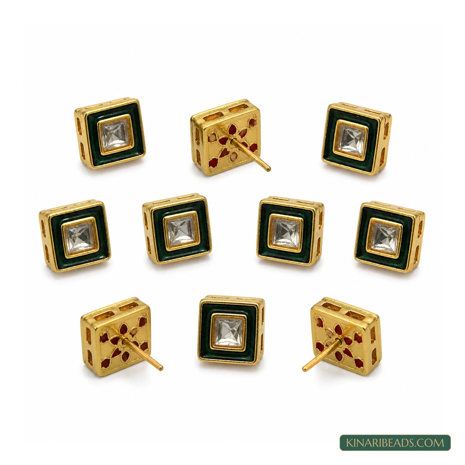 Square Meenakari Kundan Studs – 11mm, 10 Pack - Green colour