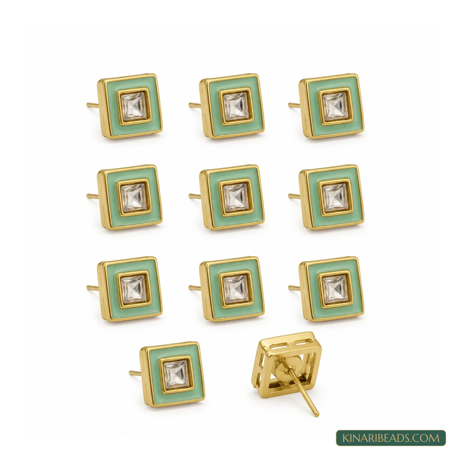 Square Meenakari Kundan Studs – 11mm, 10 Pack - Sea Green colour
