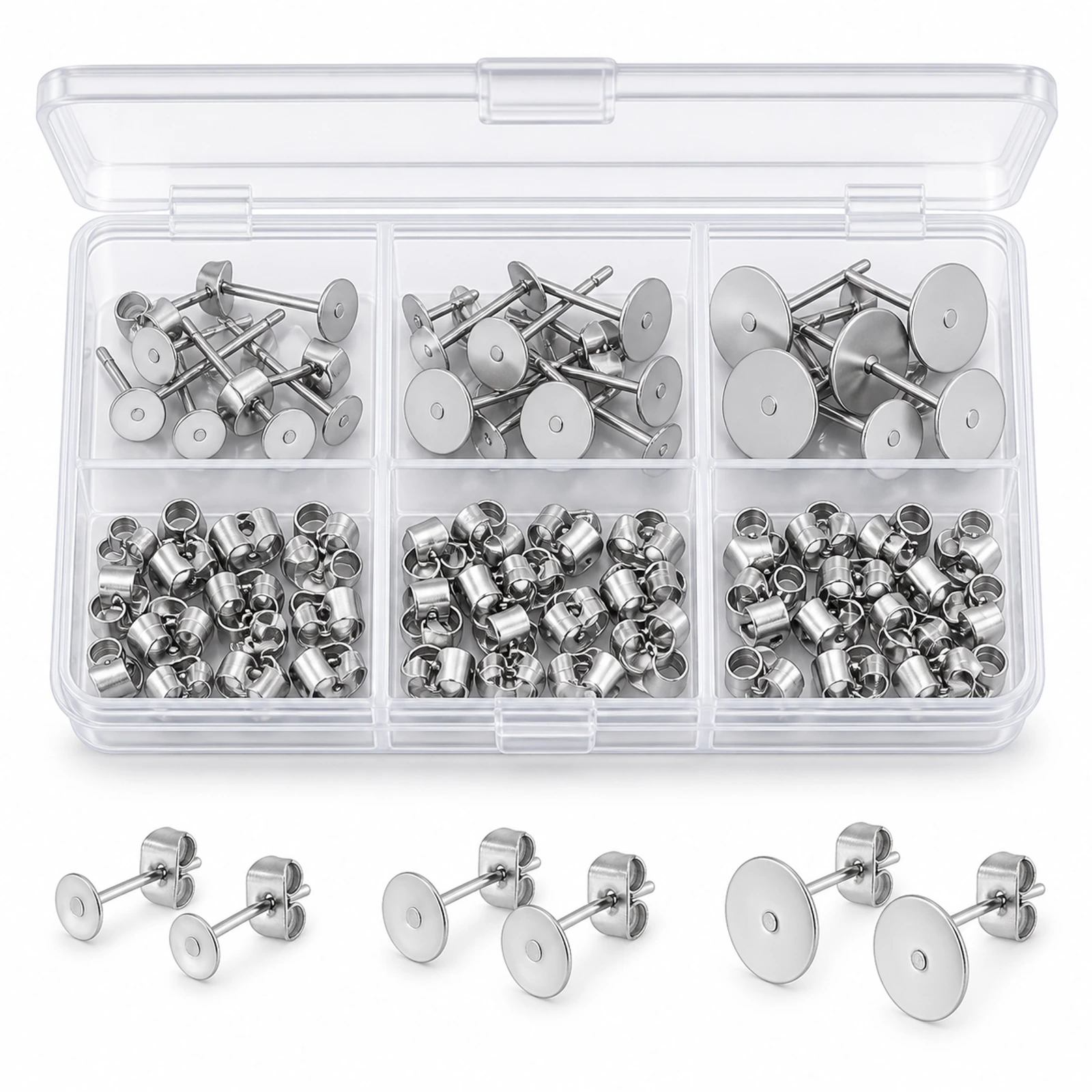 Stainless Steel Flat-Pad Stud Earring Findings Kit - Silver colour
