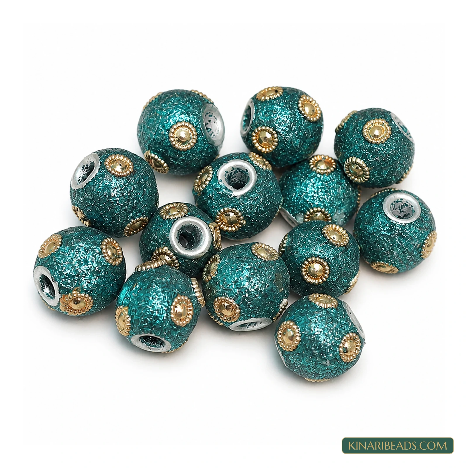 Teal Gold Stud Rondelle Lac Beads 14mm – 20 Pcs