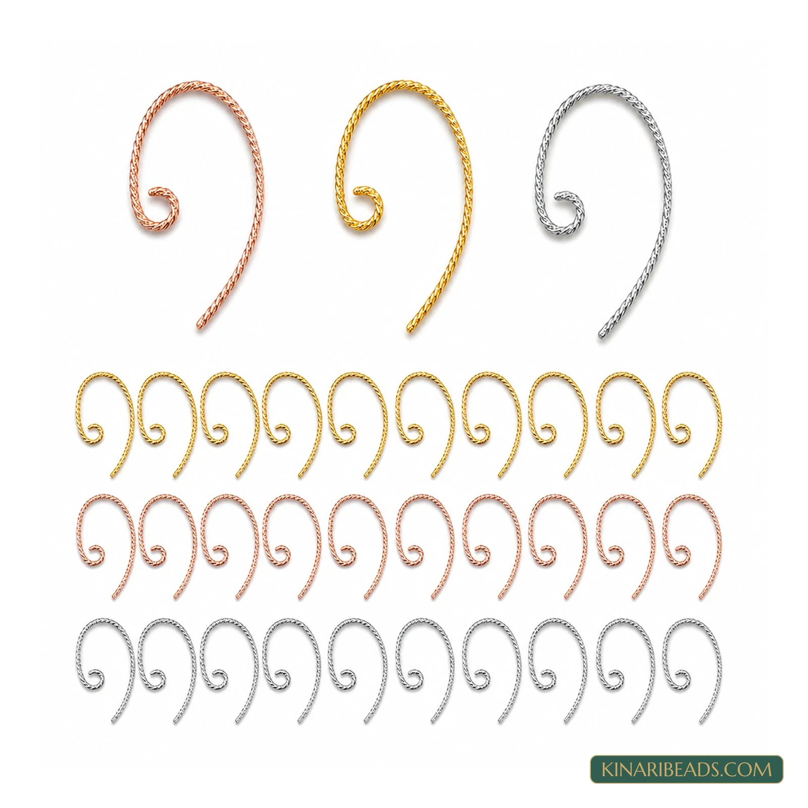 Three-Colour Brass Earring Hooks with Loops – 30 Pack