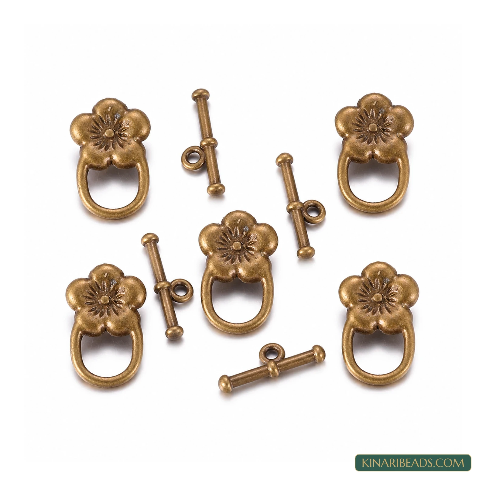 Vintage Flower Toggle & T-Bar Clasp Sets Antiqued Bronze – 5 Sets / 50 Sets – Design 61