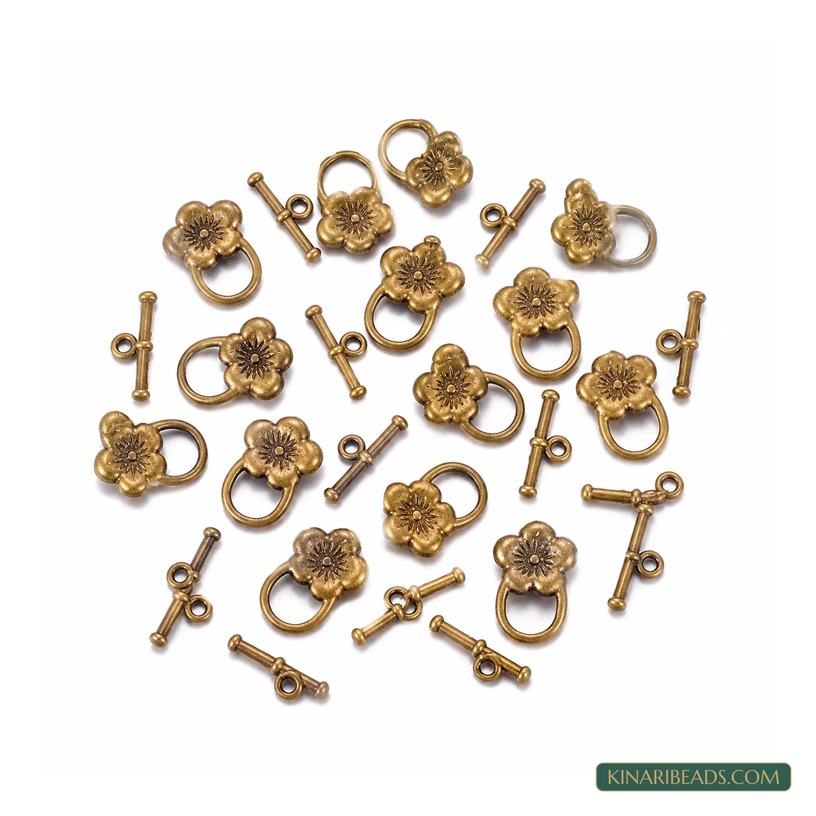 Vintage Flower Toggle & T-Bar Clasp Sets Antiqued Bronze – 5 Sets / 50 Sets – Design 61 product image