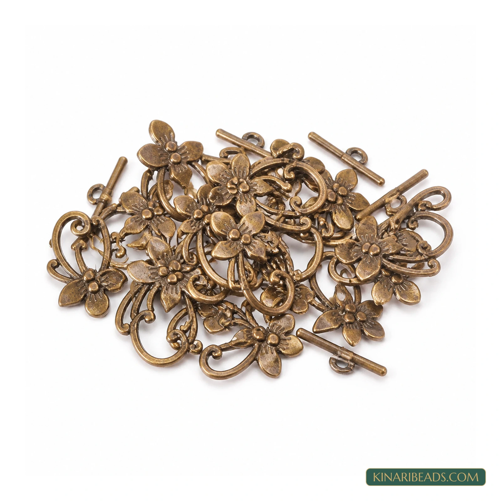 Vintage Flower Toggle & T-Bar Clasp Sets Antiqued Bronze – 5 Sets / 50 Sets product image