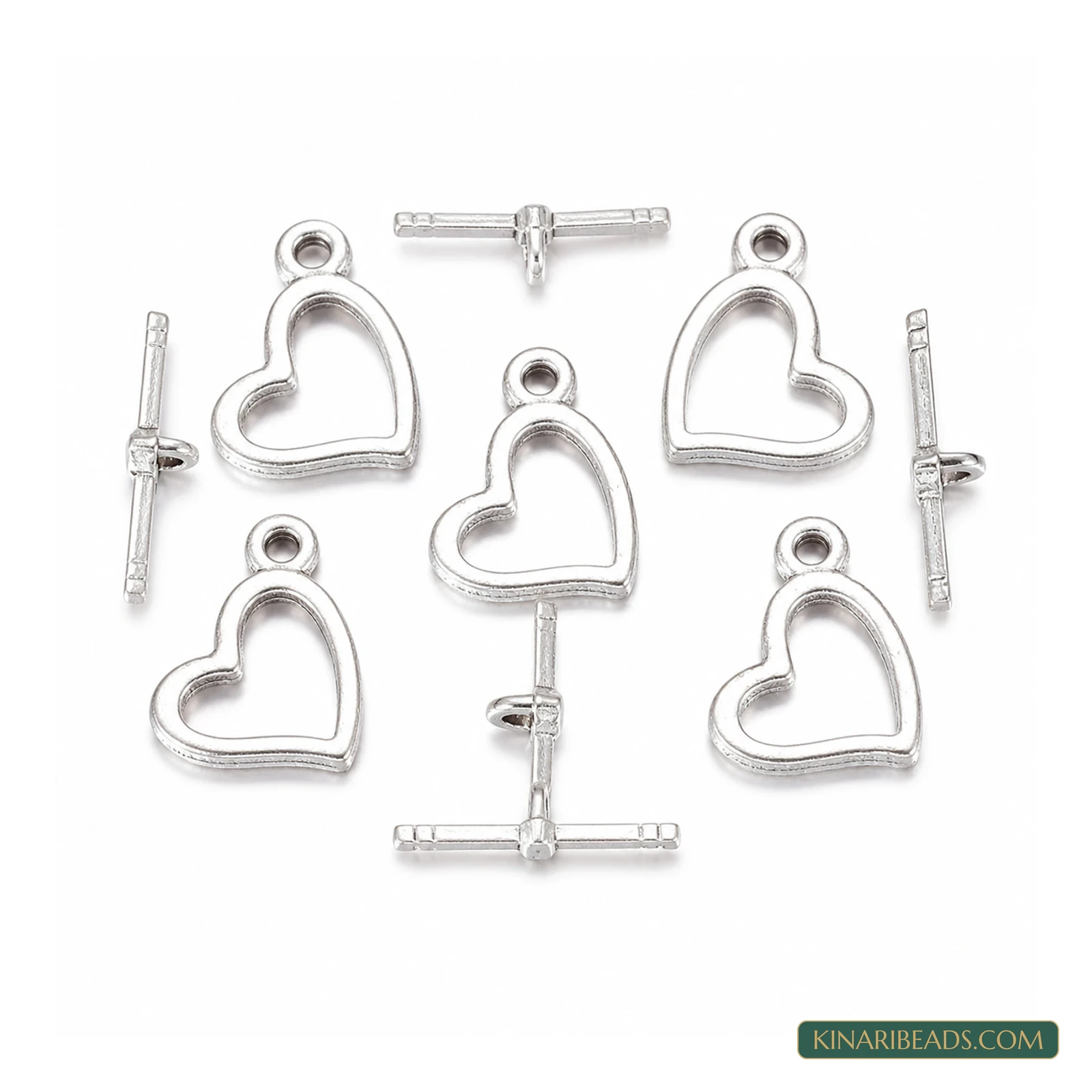 Vintage Heart Metal Toggle & T-Bar Clasp Sets Antiqued Silver-Tone 18x14mm – 5 Sets / 50 Sets