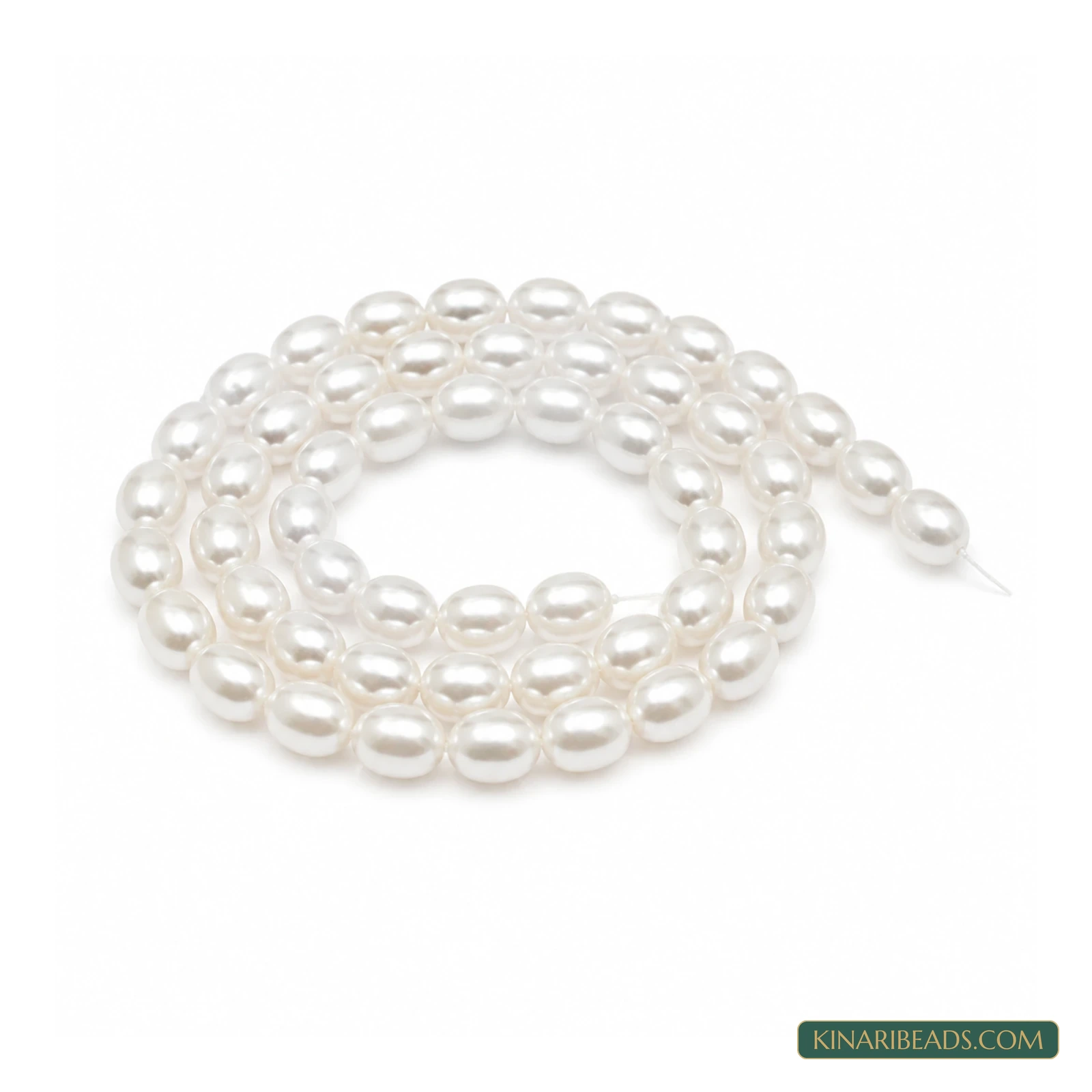 White Oval Shell Pearl Beads – 8x6mm, 1 String - White colour